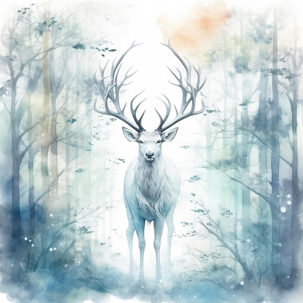 Uma pintura em aquarela de um cervo na floresta Imagem generativa de IA