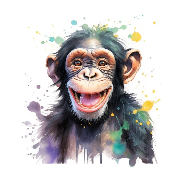 Uma pintura em aquarela de um chimpanzé com um sorriso no rosto.