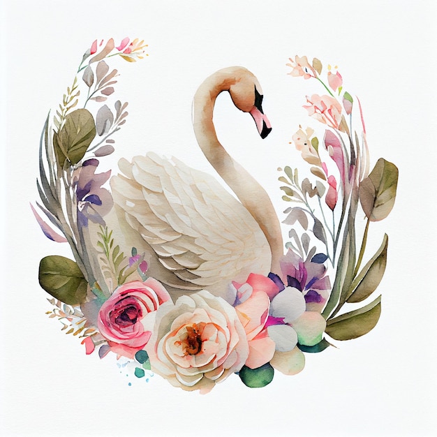 Foto uma pintura em aquarela de um cisne com flores e folhas.