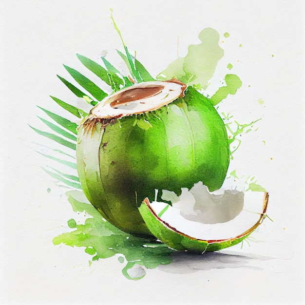 Foto uma pintura em aquarela de um coco verde com a palavra coco nele.