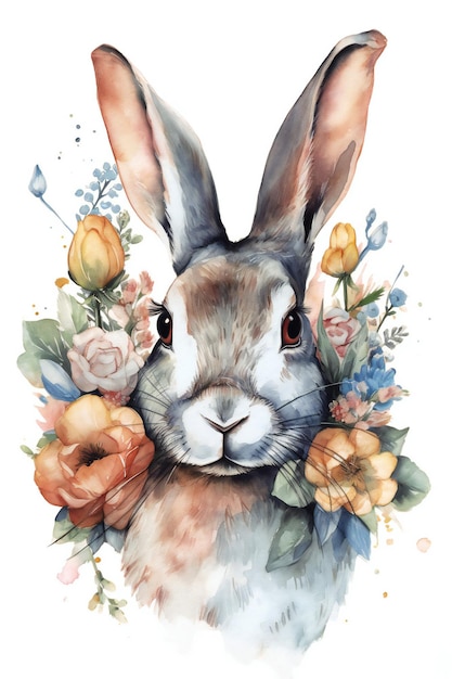 Uma pintura em aquarela de um coelho com flores.