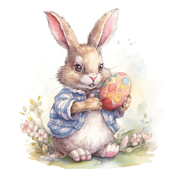 Uma pintura em aquarela de um coelho segurando um ovo