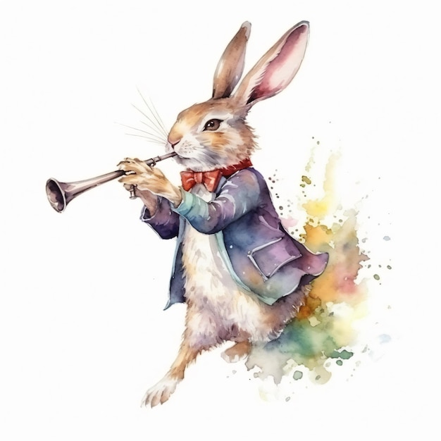 Uma pintura em aquarela de um coelho tocando trompete.