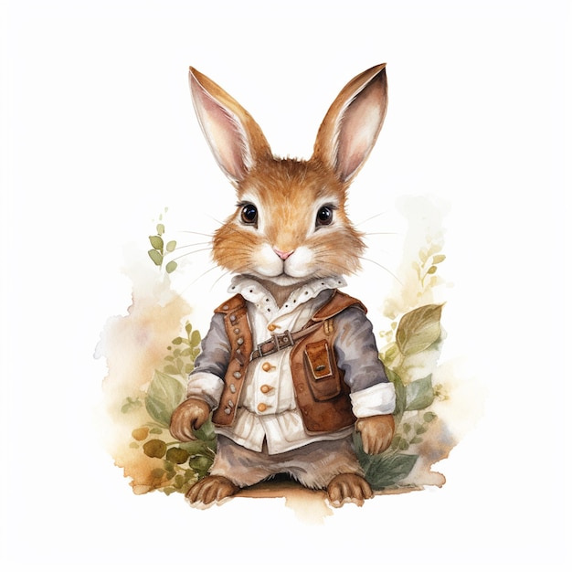 Uma pintura em aquarela de um coelho vestindo uma jaqueta e um colete que diz 'o coelho'