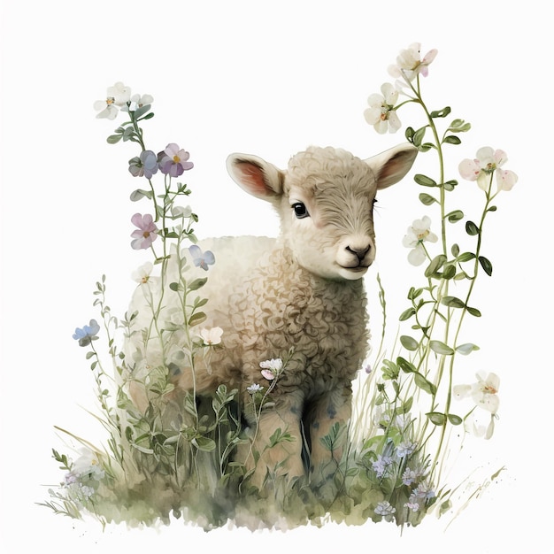 Uma pintura em aquarela de um cordeiro em um campo de flores.