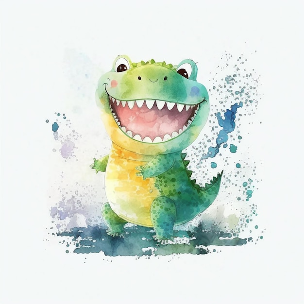 Uma pintura em aquarela de um dinossauro com um grande sorriso.