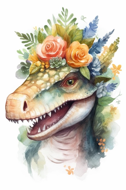 Uma pintura em aquarela de um dinossauro usando uma coroa de flores.