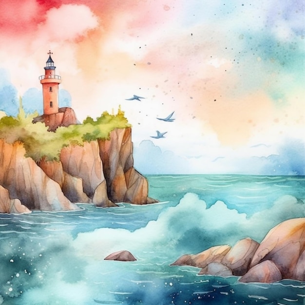 Uma pintura em aquarela de um farol em um penhasco com um fundo de céu e pássaros voando ao redor.