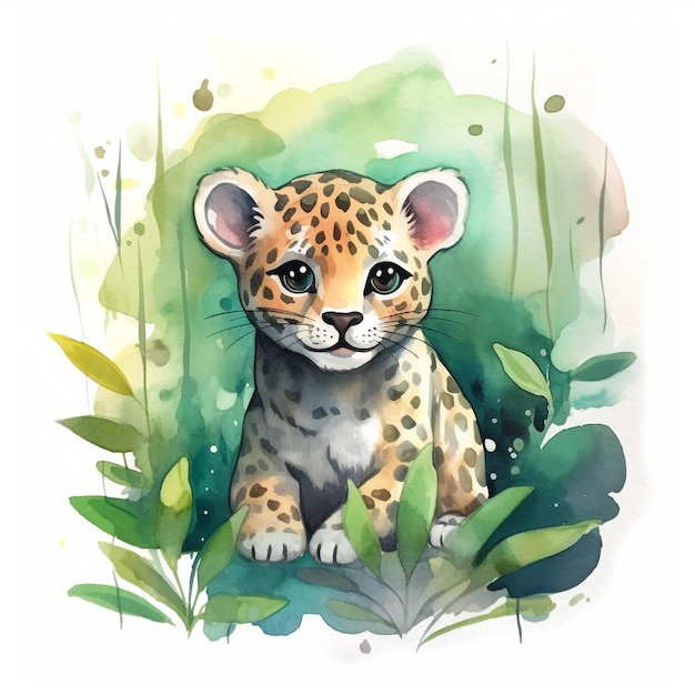 Uma pintura em aquarela de um filhote de leopardo