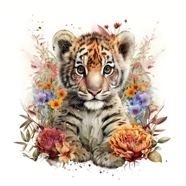 Uma pintura em aquarela de um filhote de tigre com flores e folhas.