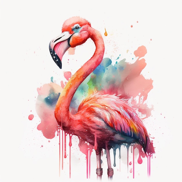 Uma pintura em aquarela de um flamingo com olhos azuis.