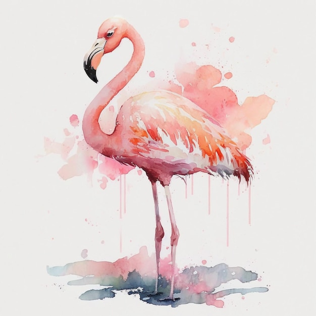 Uma pintura em aquarela de um flamingo com penas cor de rosa.