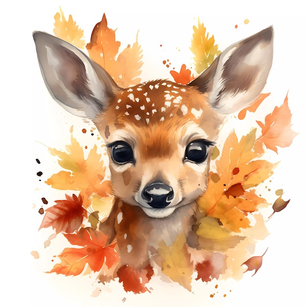Uma pintura em aquarela de um fulvo com folhas de outono.