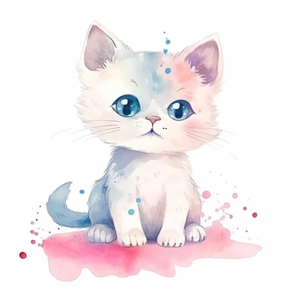 Uma pintura em aquarela de um gatinho com olhos azuis senta-se em uma nuvem rosa.