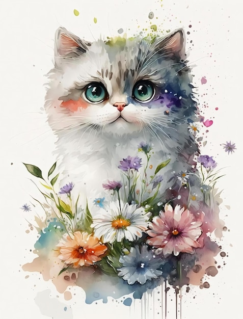 Uma pintura em aquarela de um gato com flores.