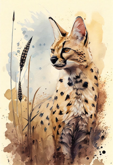 Uma pintura em aquarela de um gato com nariz comprido.