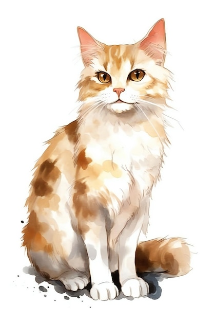 Uma pintura em aquarela de um gato com olhos amarelos sobre um fundo branco.