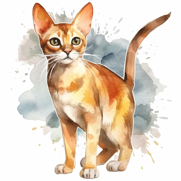 Uma pintura em aquarela de um gato com olhos amarelos.