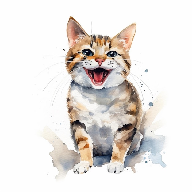 Uma pintura em aquarela de um gato com um grande sorriso.