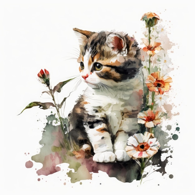 Uma pintura em aquarela de um gato sentado em uma pedra com flores.