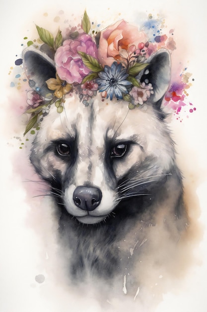 Uma pintura em aquarela de um guaxinim com uma coroa de flores.