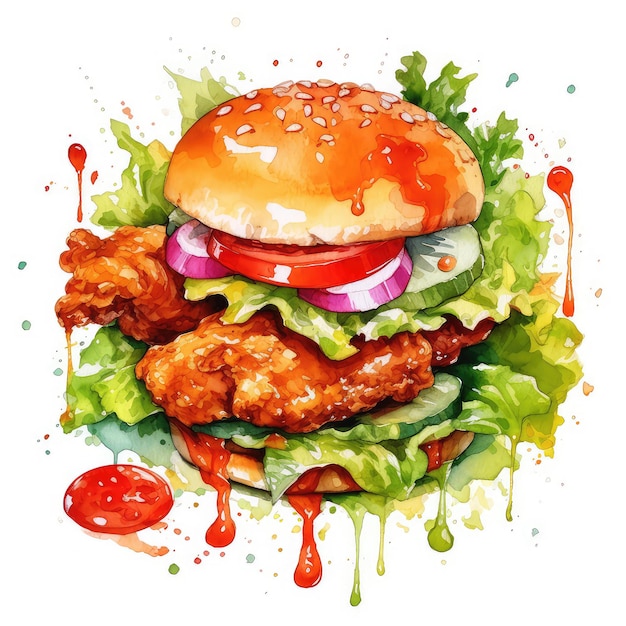 Uma pintura em aquarela de um hambúrguer com alface e tomate.