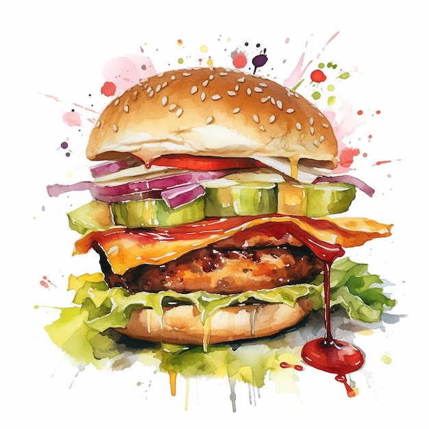 Uma pintura em aquarela de um hambúrguer com picles e molho de tomate.