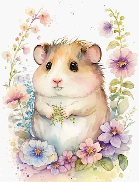 Uma pintura em aquarela de um hamster com flores e folhas.