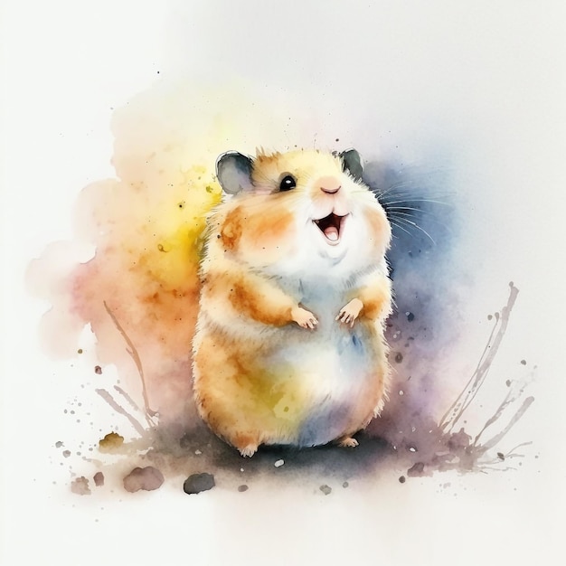 Uma pintura em aquarela de um hamster com uma boca grande.