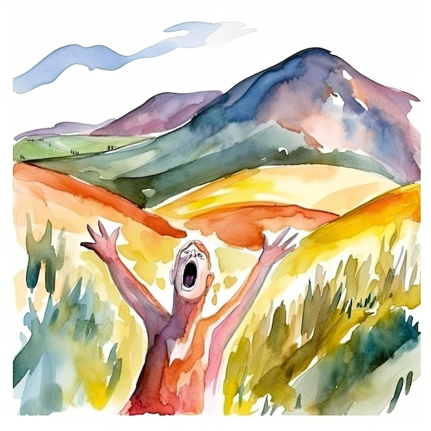 Uma pintura em aquarela de um homem gritando na frente de uma montanha.