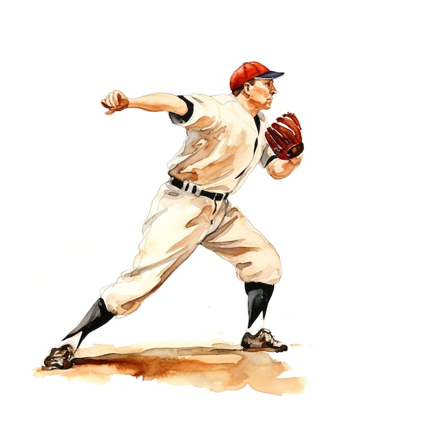 Uma pintura em aquarela de um jogador de beisebol jogando uma bola