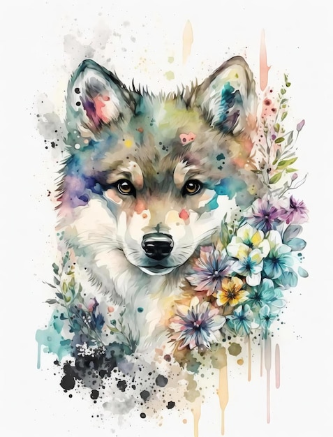 Uma pintura em aquarela de um lobo com flores.