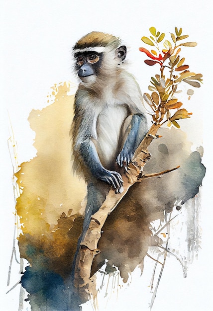 Uma pintura em aquarela de um macaco em um galho