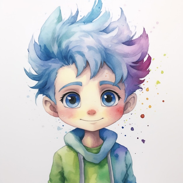 Uma pintura em aquarela de um menino com um cabelo azul e roxo.