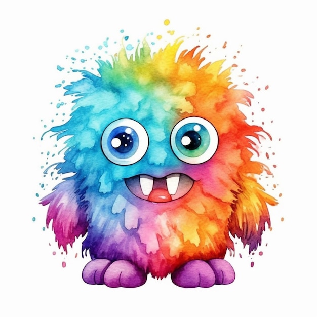 Uma pintura em aquarela de um monstro peludo colorido com olhos grandes generative ai