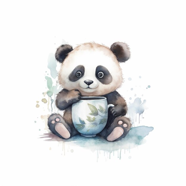 Uma pintura em aquarela de um panda segurando um copo.