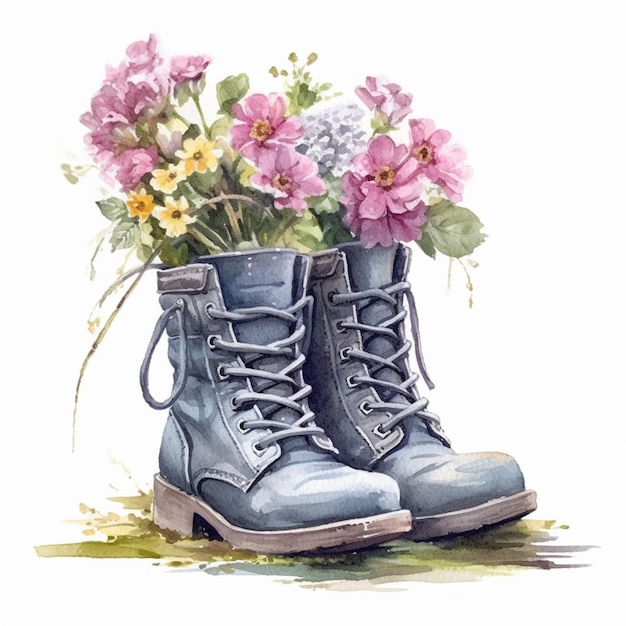 Uma pintura em aquarela de um par de botas com flores.
