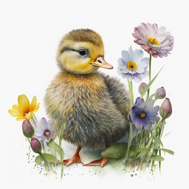 Uma pintura em aquarela de um pato na grama com flores.