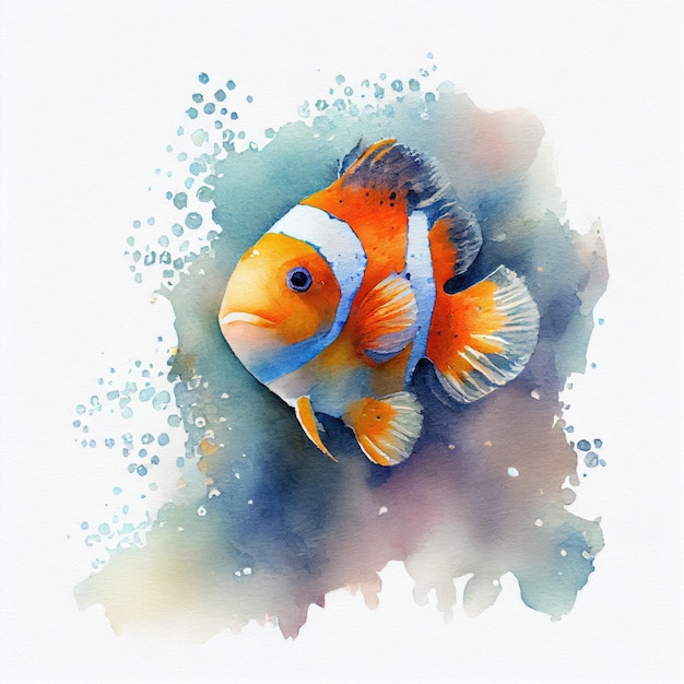 Uma pintura em aquarela de um peixe com fundo azul e a palavra nemo nele.