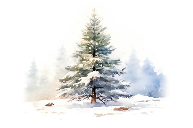 Uma pintura em aquarela de um pinheiro com neve no chão