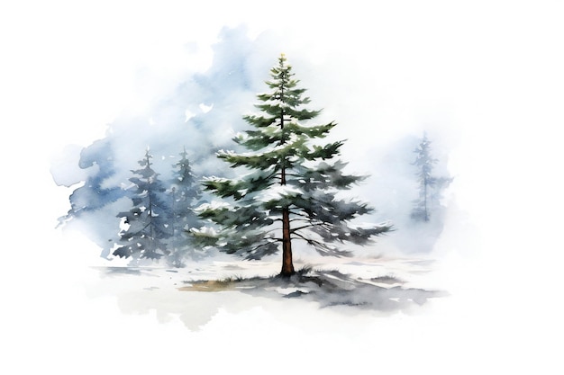 Uma pintura em aquarela de um pinheiro com neve no chão