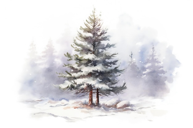 Uma pintura em aquarela de um pinheiro na neve