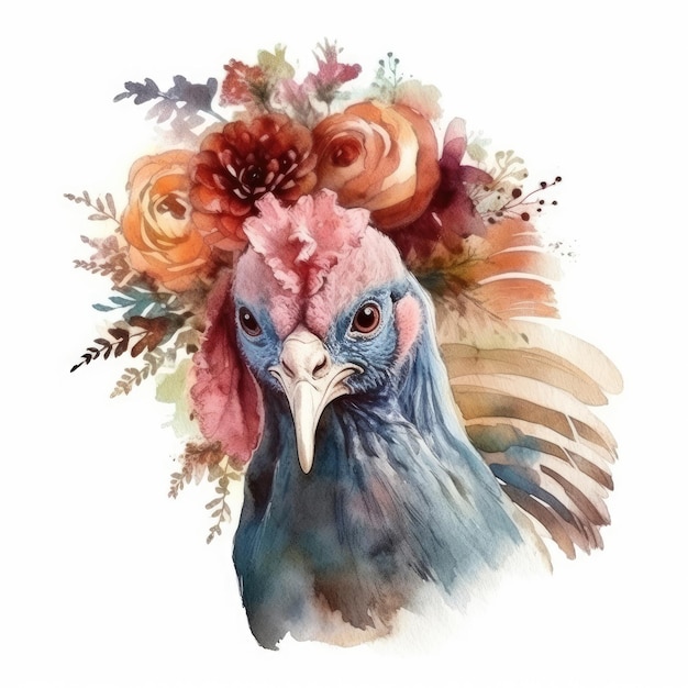 Uma pintura em aquarela de um pombo com flores.