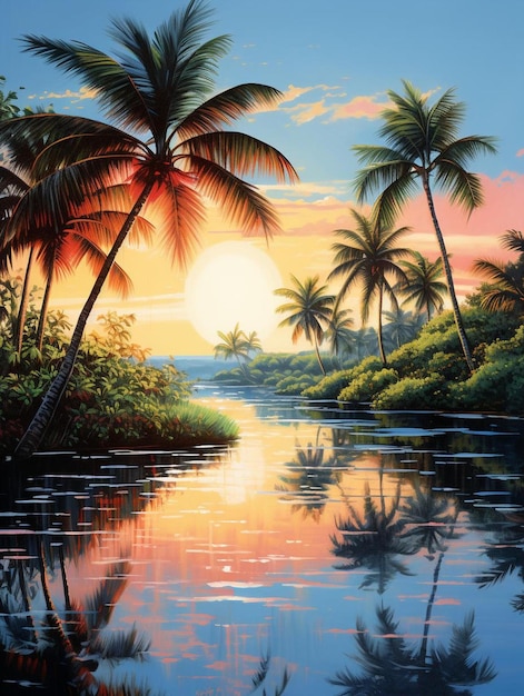 uma pintura em aquarela de um pôr do sol com palmeiras e o pôr do sol ao fundo.