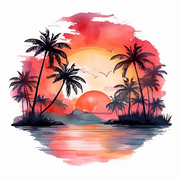 Uma pintura em aquarela de um pôr do sol com palmeiras e um barco generativo ai