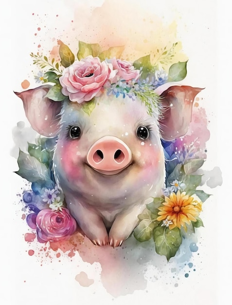 Uma pintura em aquarela de um porco usando uma coroa de flores.