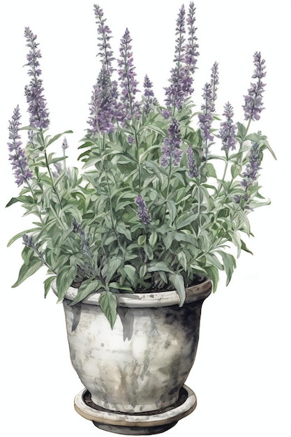 Uma pintura em aquarela de um pote de lavanda.