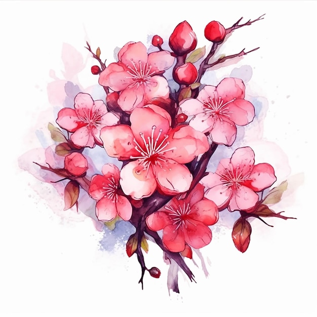 Uma pintura em aquarela de um ramo de flores de cerejeira.