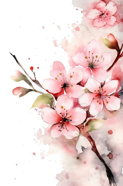 Uma pintura em aquarela de um ramo de flores de cerejeira.