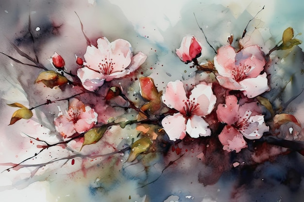 Uma pintura em aquarela de um ramo de flores de cerejeira.